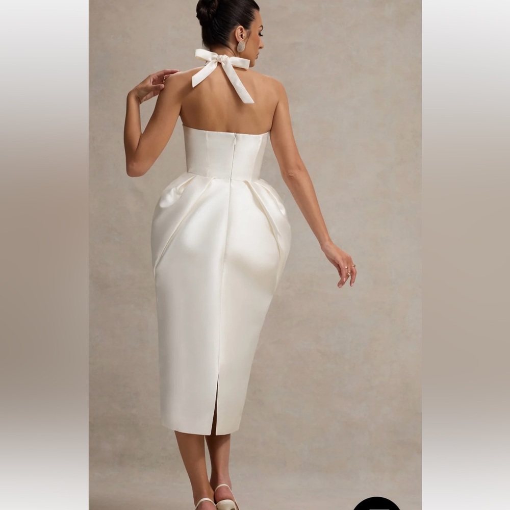 Club L London COSETTA
WHITE HALTER-NECK MIDI DRESS WITH TULIP SKIRT - Picture 3 of 10